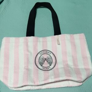 Victoria's Secret Pink and White Striped Tote with Black Handles